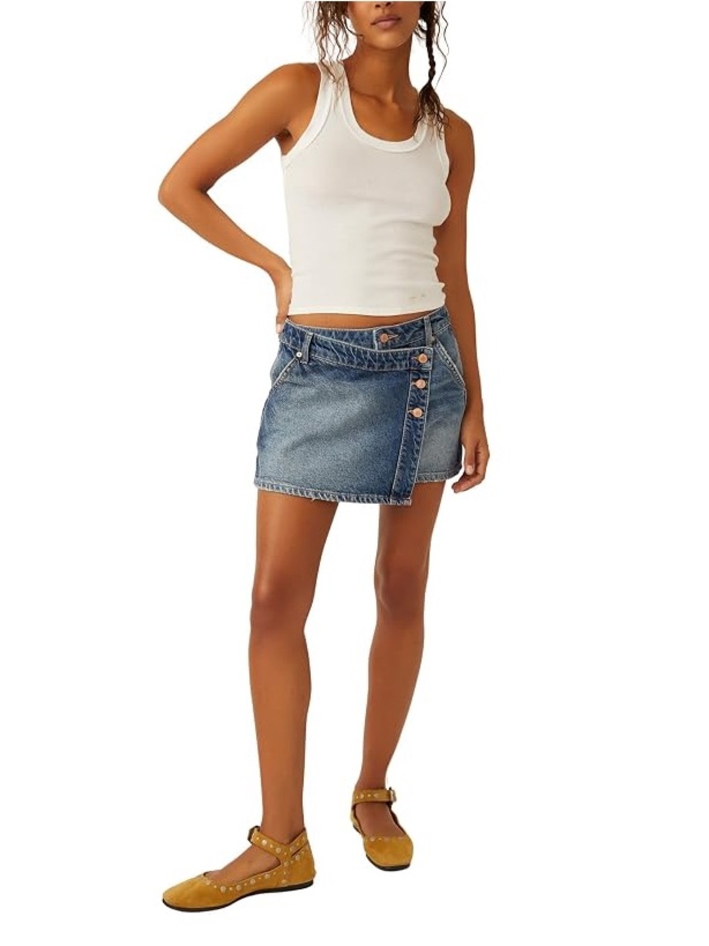 NWT Free People Wynne Button-Trim Asymmetrical Denim Mini Skirt sz 31